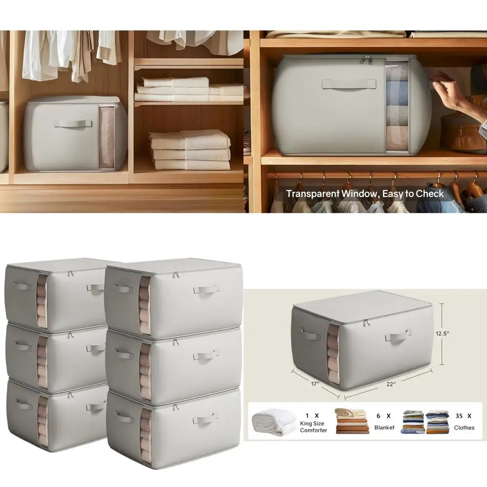 

Набор из 6 серых холщовых сумок для хранения одежды, свитеров и одеял с двойной молнией и ручками