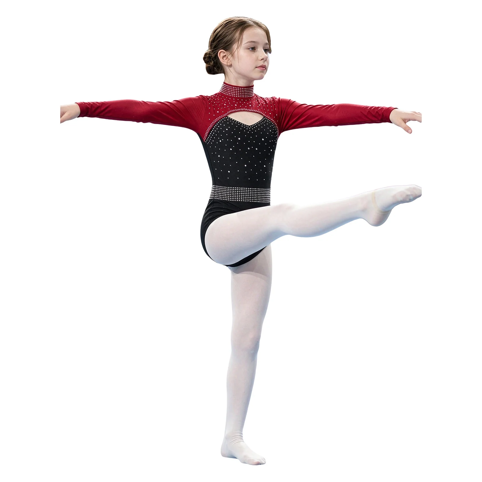 Girls Rhythmic Gymnastic Leotard Ballet Jersey Figure Skating Dance Costume Shiny Rhinestones Long Sleeve Color-blocked Bodysuit
