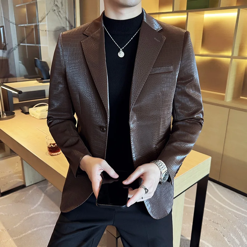 

2024 Crocodile Print High-quality Korean Version of Fashion Handsome Slim Leather Suit Business Casual Leather Suit Jacket