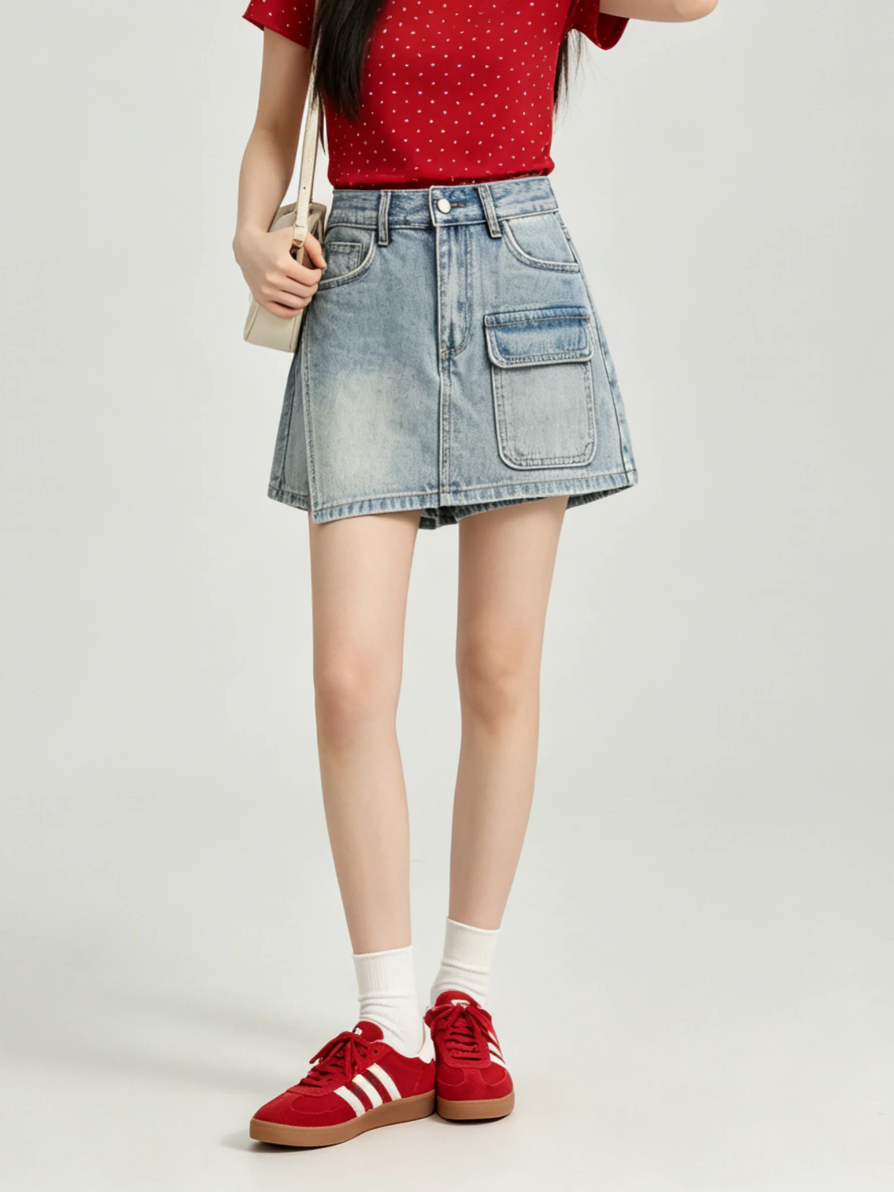 Chic Youthful Dyeing Denim Shorts Women's High Waist Slim A-Line Skirt Pants Summer Korean Style Wide Leg Low Waist Pocket