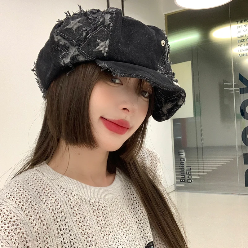 Y2k Rough Edge Star Design Denim Berets Caps Showing Face Small Spring and Autumn Ins New Korean Niche Retro Women\'s Hats