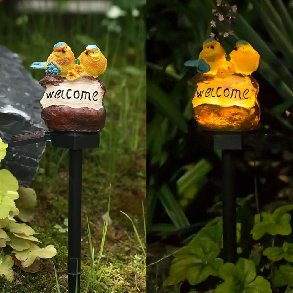 Solar Powered Garden Welcome Sign Warm Light Creative Design Bird Figurine Durable Resin No Wiring Needed Garden Ornament