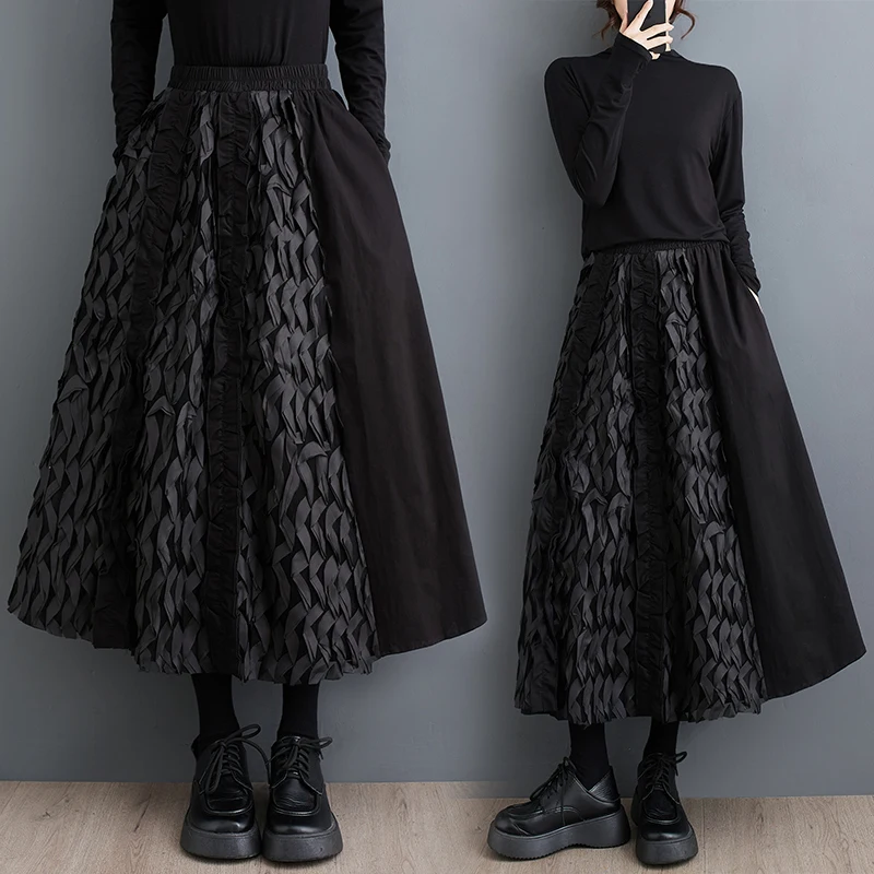 

Loose Bla f-length Skirt with Fi-sc Pattern High-waisted A-line Design Cotton Blend Autumn New Sle Korean Faion