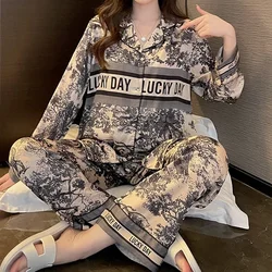 Spring Autumn New satin silk pajamas for women fashion long sleeve long pants high grade elegant comfortable lapel loungewear