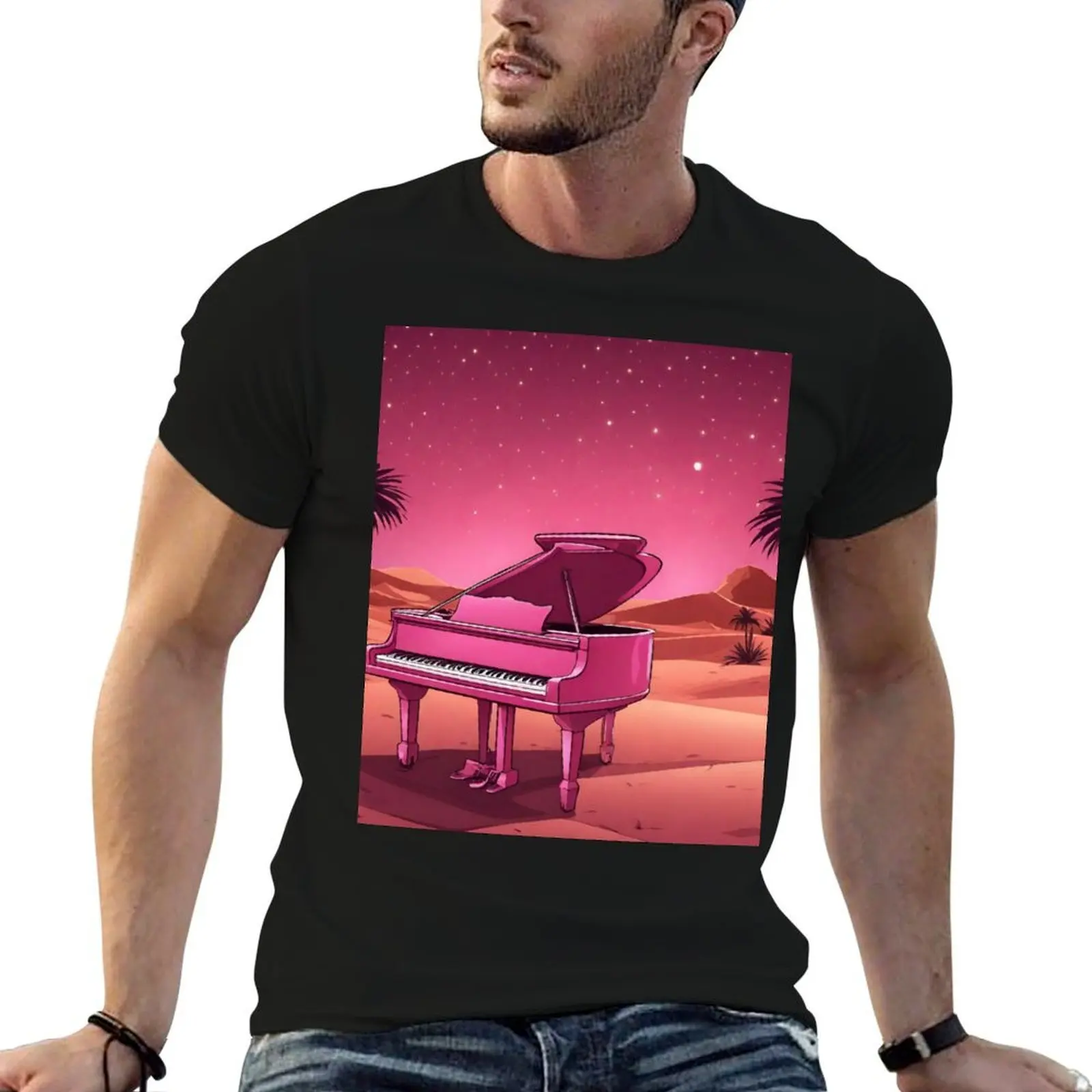 Piano in the Egyptian desert with Pyramids, jungles, lanterns, ancient Rome T-Shirt luxury t-shirt customs mens tall t shirts