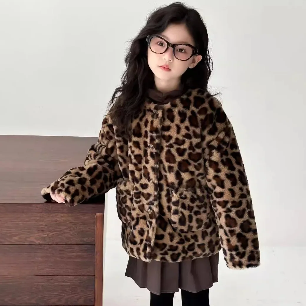 

Girl Loose Coat Autumn Winter 2024 New Leopard Print Keep Warm Tops Lovely Casual Simple Fashion Sweet Korean Active Vintage