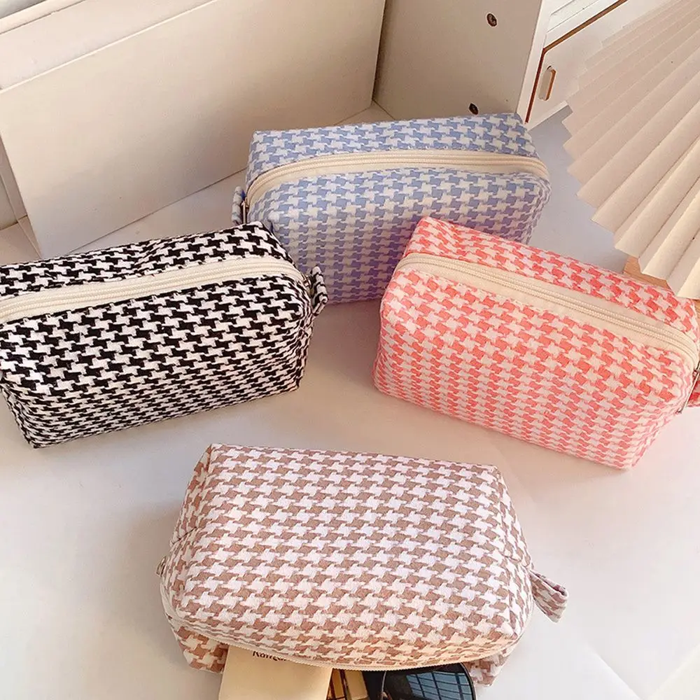 Draagbare Meisjes Handtas Houndstooth Grote Capaciteit Plaid Make-Up Tas Waszak Opbergtas Cosmetische Organizer