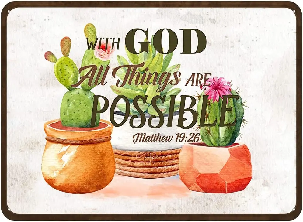 With God All Things are Possible Fun Tin Sign Potted Cactus Trio Printable Metal Sign Succulent Wall Art Watercolor