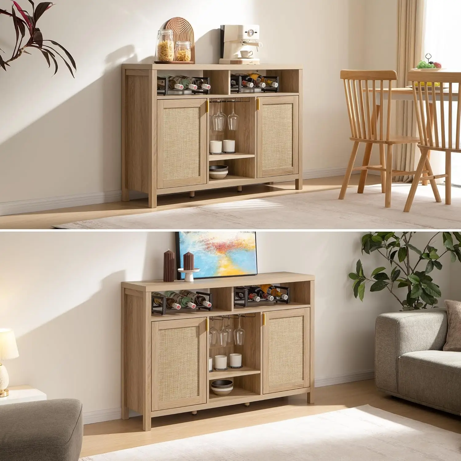 ตู้บาร์กาแฟหวายพร้อมชั้นวางไวน์ ตู้ไซด์บอร์ดบุฟเฟ่ต์ขนาด 51 นิ้ว สำหรับห้องครัวและห้องนั่งเล่น