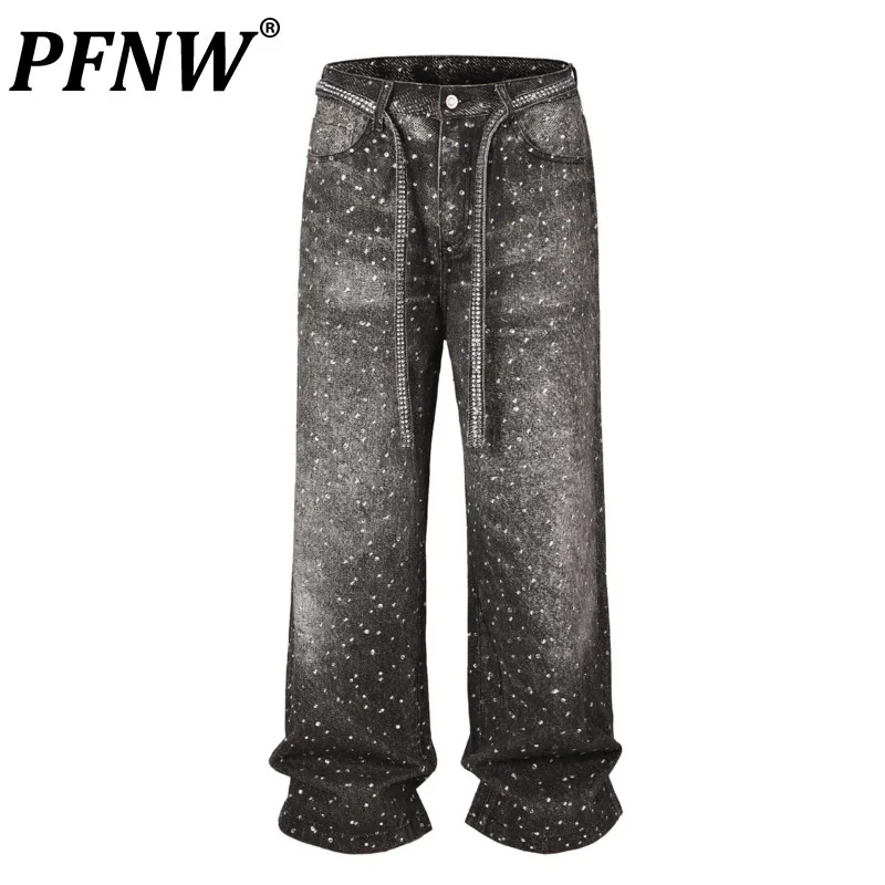 PFNW American High Street Washed Loose Wide Leg Heat-melting Rhinestone Print Stacked Jeans With Full Diamond Belt Male 12C1812