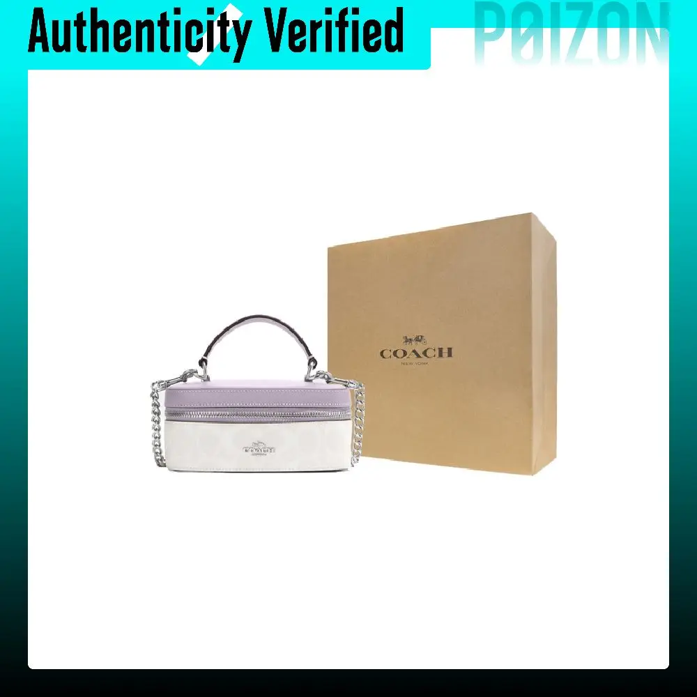 COACH Coated Canvas With Leather Box Bag, Shoulder Bag, Crossbody Bag, Handbag Women's White & Purple CJ522-SVVVJ