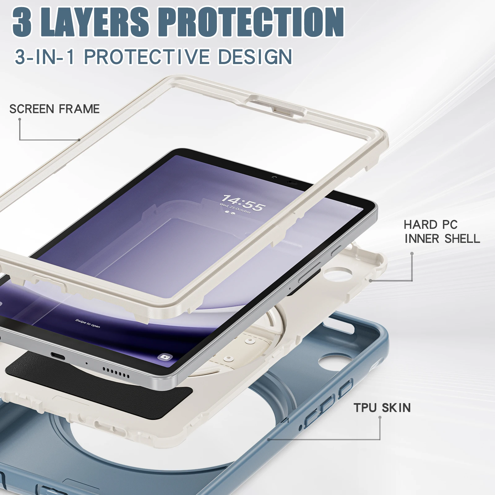 Stand Tablet Case For Samsung Galaxy Tab A9 2023 8.7 inch SM-X110 SM-X115 SM-X117 360 Rotatable PC-TPU Cover 3-Layers Protection