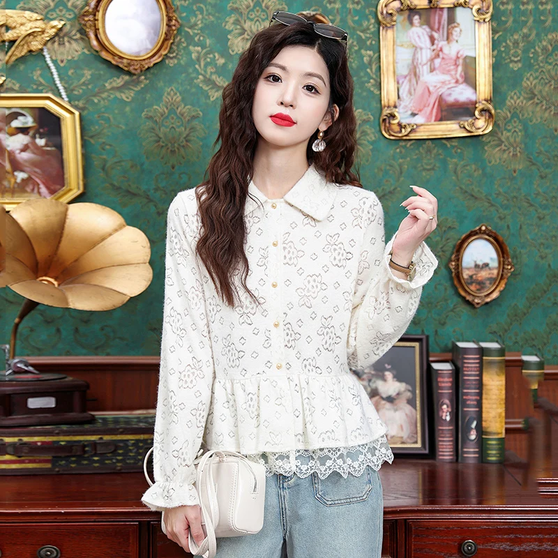 

Повседневные женские блузки с кружевом, винтажные рубашки, модная приталенная одежда весна-лето, однотонные женские топы с длинным рукавом