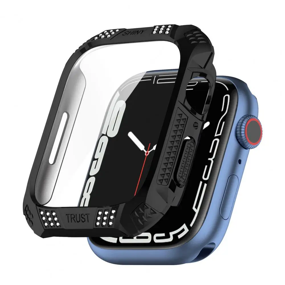 Watch Protective Case for iWatch 7 Rhinestone Rhombus Smart Watch Tempered Film Full Screen Cover Protector