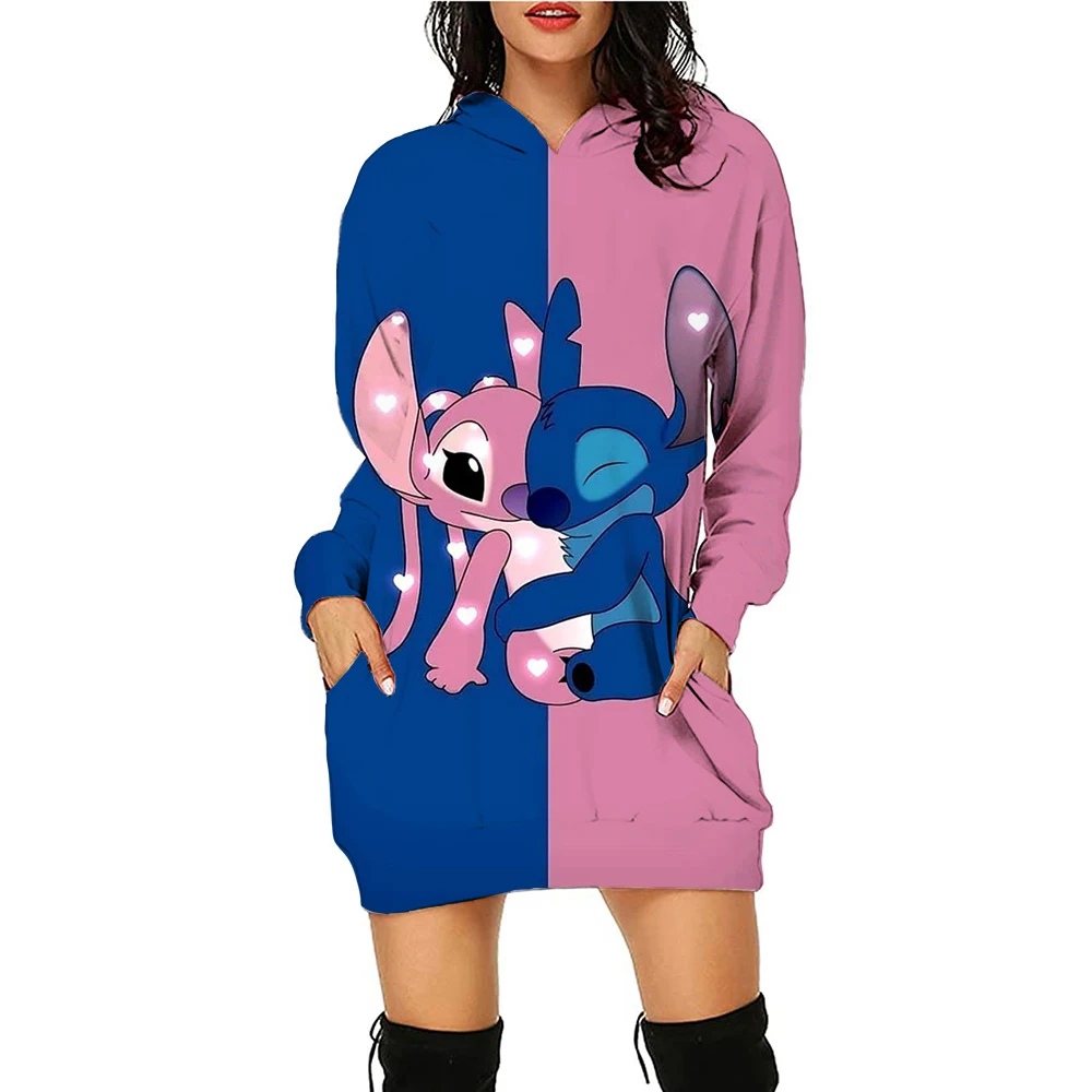 Kawaii Disney Stitch Damen Hoodies Kleid Damen Mode Freizeit S-3XL Jugendliche Frau Kleidung Schöner schwarzer Hoodie Winter Y2k