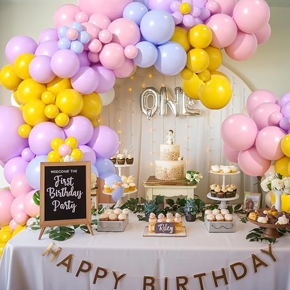 Balon tema Pastel Garland Kit lengkungan balon bayi merah muda biru ungu kuning dekorasi ulang tahun pernikahan wisuda Baby Shower