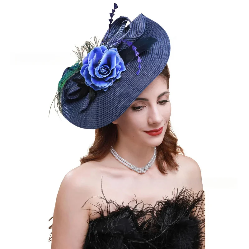 

Эффектная имитация соломенной шляпы-фасцинатора с цветами и перьями ручной работы для женщин, для чаепитий и скачек, аксессуар для волос