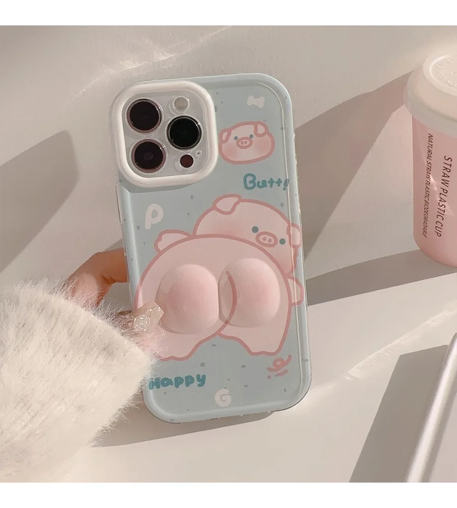 Cute 3D Pig Butt Relief Phone Case For iPhone 12 13 14 15 16 17 Light Blue Cartoon Pig Pattern Glossy Soft Protective Cover