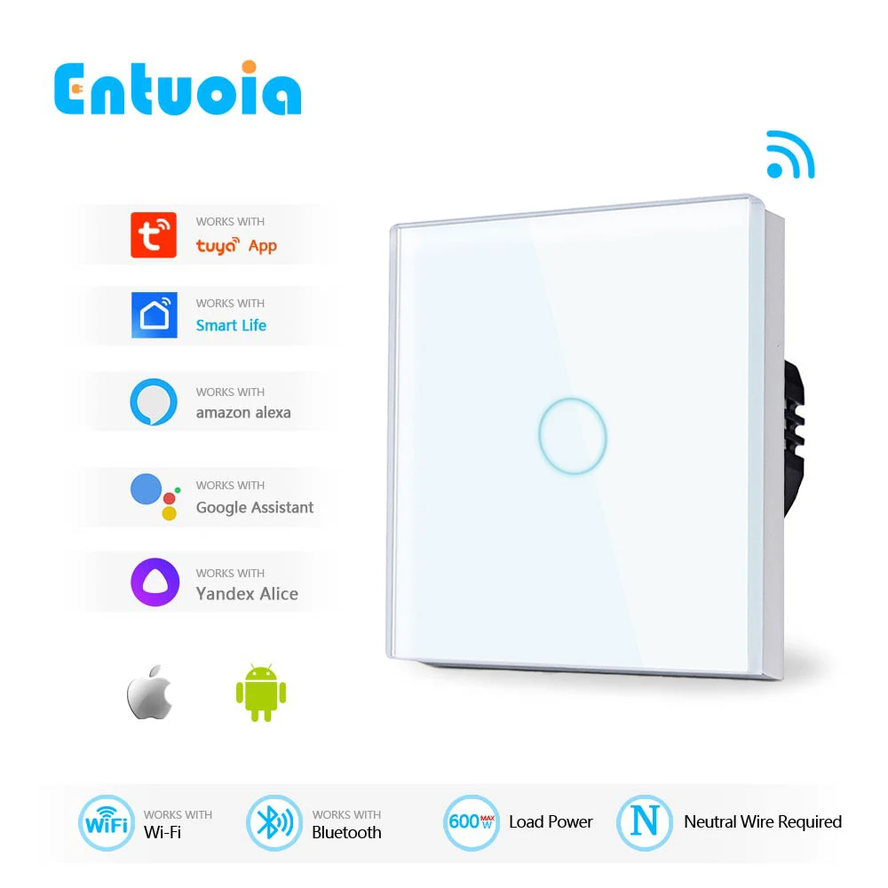 ENTUOIA WiFi Touch Switch 1/2/3/4 Gang Smart Home Light Switch 600W Need Neutral Wire Support Alexa Tuya Google Home Smart Life