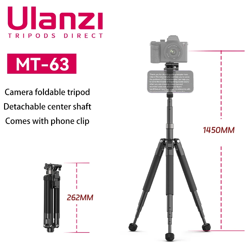 

Ulanzi MT-63 145cm Mini Portable Camera Tripod Monopod with Phone Holder Selfie Stick Horizontal-Vertical Shooting for Iphone