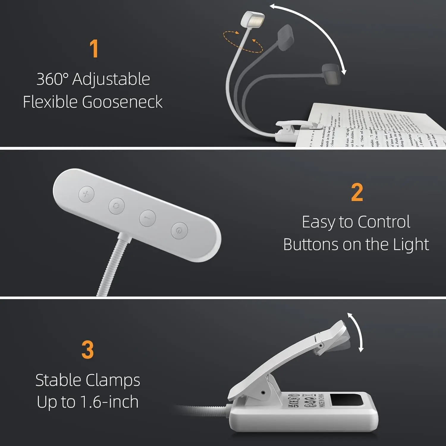 White Book Light USB Rechargeable Reading Light Warm Cool White Daylight Portable Flexible Easy Clip Night Reading Lamp