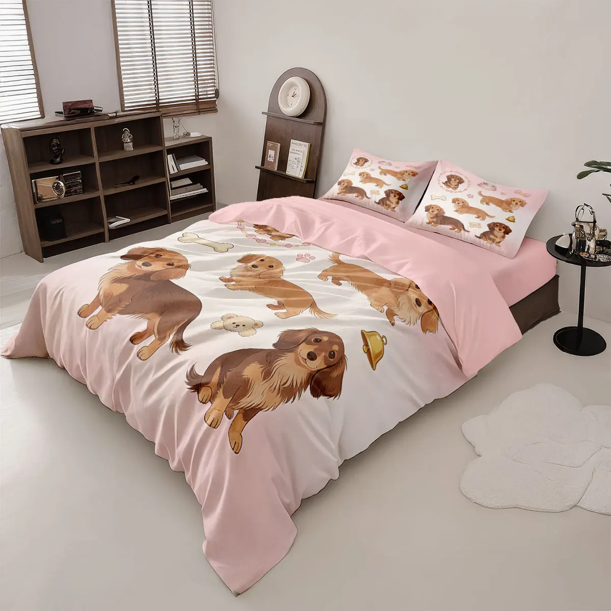 3pcs Cute Sausage Dog Animal Print Coreless Duvet Cover Set, Multi Size Bedding Decoration, Machine Washable