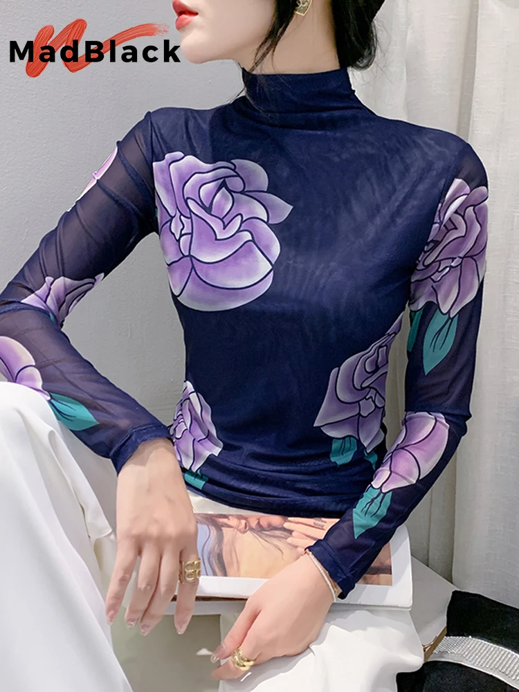 

MadBlack European Clothes T-Shirts Women Sexy High Neck Position Print Slim Mesh Tops Long Sleeves Tees Autumn Winter T39508JC
