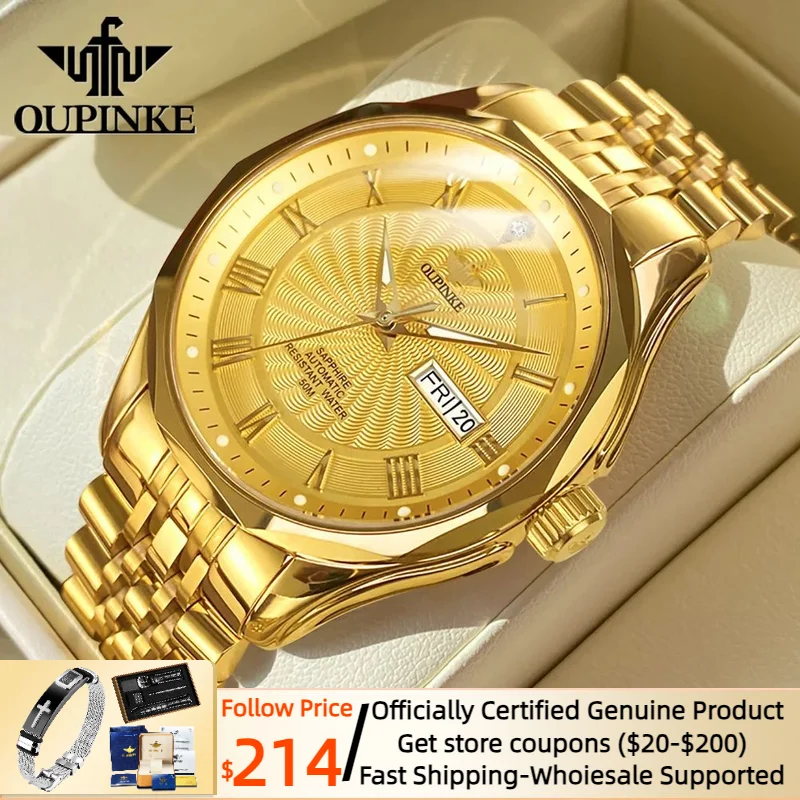 Real Diamond OUPINKE Automatic Mechanical Watch for Men Swiss Top Brand Sapphire Crystal Mirror Tungsten Steel Luxury Watch 3207