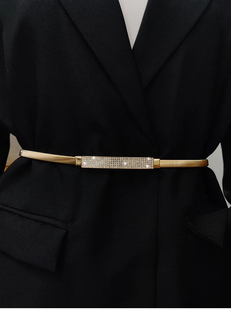 Ladies' new personalized metal spring waist chain gold flash diamond button head decoration with pants skirt elastic chain belt