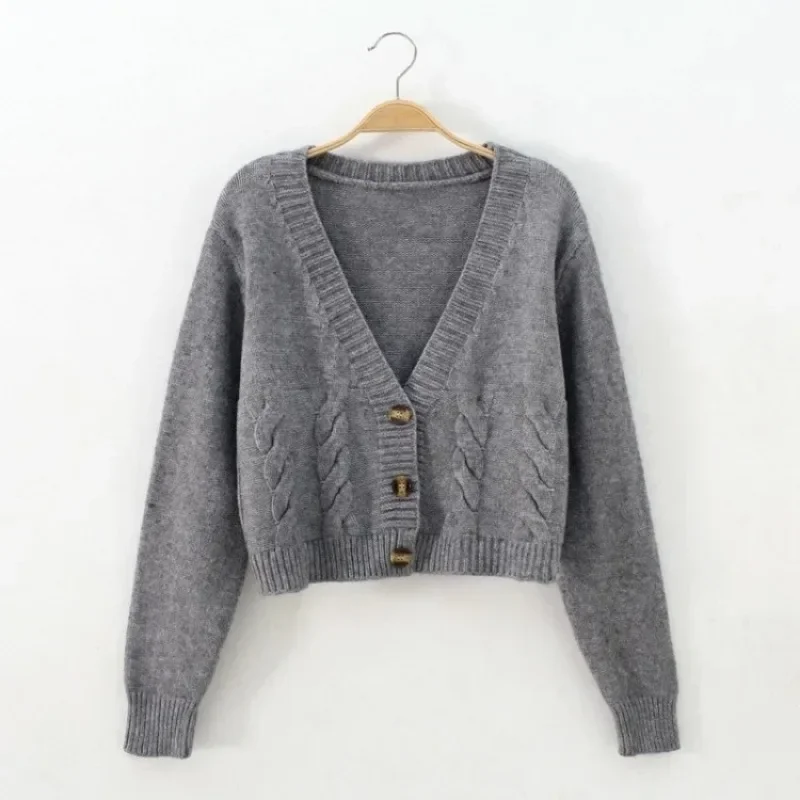 

Spring Autumn New 2024 V Neck Short Cardigan Female Twist Sweater Coat Fall Single Breasted Women Knitted Jacket Tops