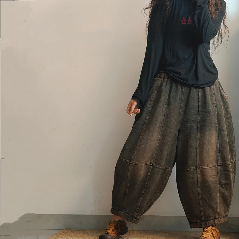 

Зима 2025 г., новые женские лоскутные хлопковые джинсовые брюки длиной до икры с эластичной резинкой на талии, свободные теплые утолщенные широкие джинсы Y94