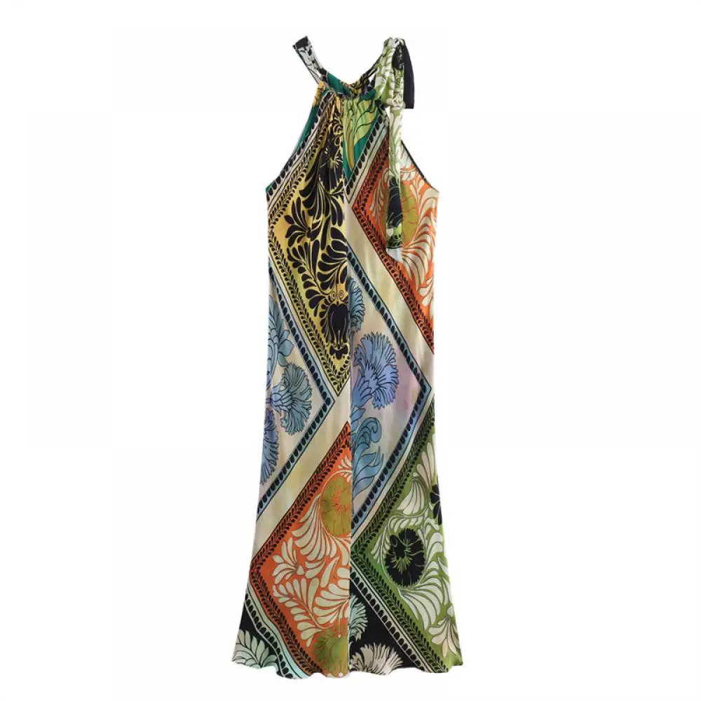

Women's Fitted Halter Midi Dress Bohemian Style Fashion Halter Neck Strap Sexy Sleeveless Chic Printed Decoration Women's Dress