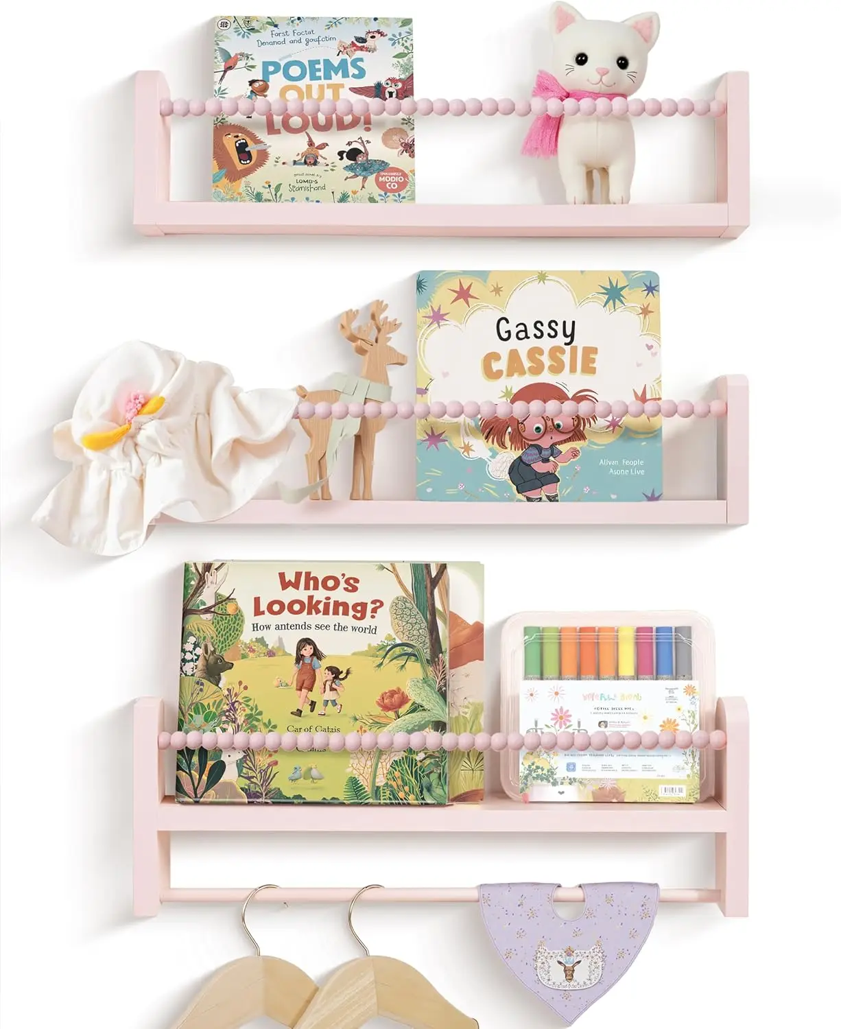 

Pink Wood Floating Shelf Set of 3, Nursery Wall Decor for Kids Room, Kitchen Spice Rack Organizer