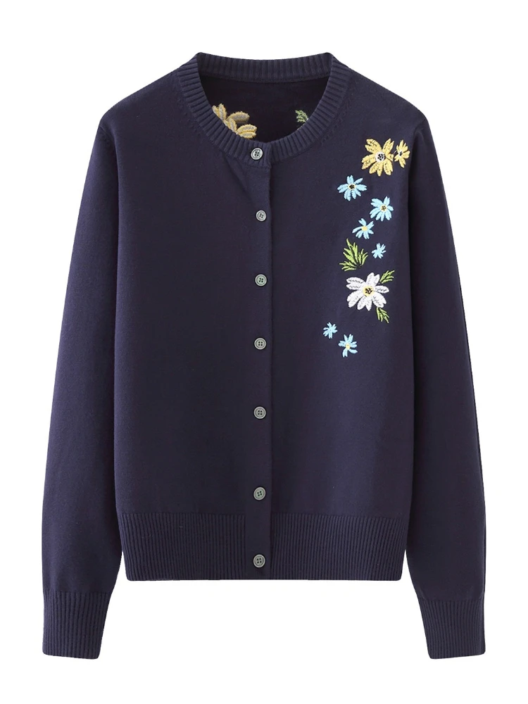 Soft Slouchy Coat Women's Fashion Versatile Flower Embroidered Knitted Sweater New Single Breasted O-Neck Long Sleeve Cardigan