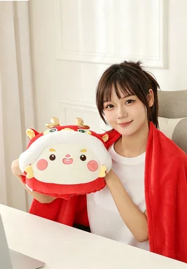 Cute Dragon Mascot 2-in-1 Hand Warmer Pillow Blanket Nap Cushion for Office Travel New Year Gift