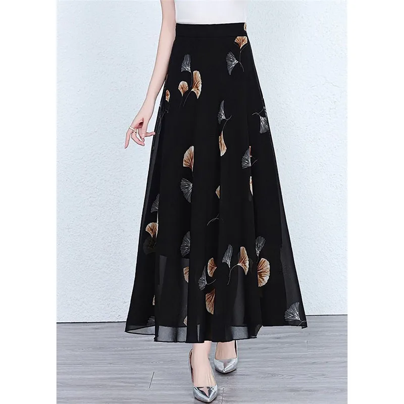 Korean Lady High Waist Chiffon Maxi Skirt Summer Femme Large Size 4XL Printing Skirts Spring Women Fashion Big Swing Long Skirts