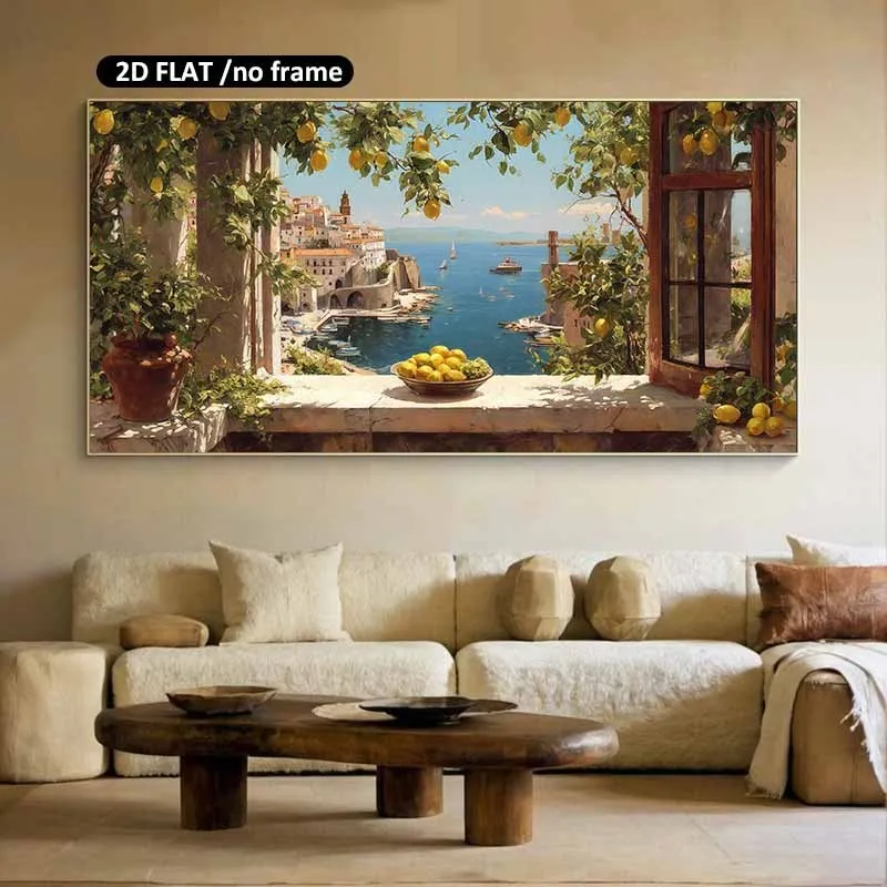 (1PC Unframe)Frameless Mediterranean Coastal Lemon Tree & Greek Island Canvas Wall Art Print -  Modern Italian Sea Poster for Li
