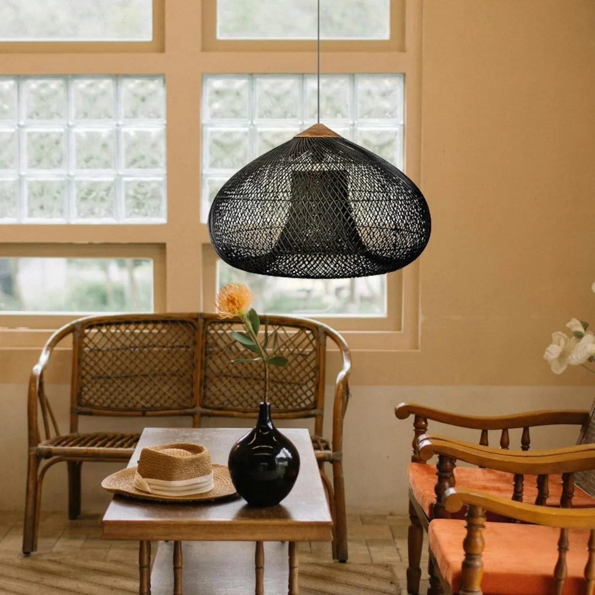 JOYINLED Wabi Sabi Rattan Pendant Light 35/60/80cm Retro Chandelier Natural Wicker Ceiling Lamp forDining Room Living Room Light