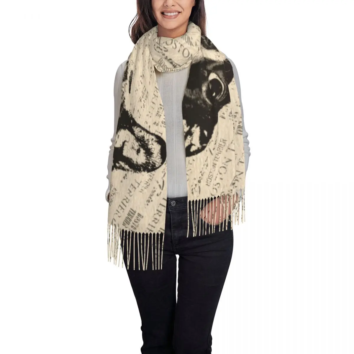 Female Large Boston Terrier Dog Scarves Women Winter Fall Thick Warm Tassel Shawl Wraps Pet Art Puppy Scarf