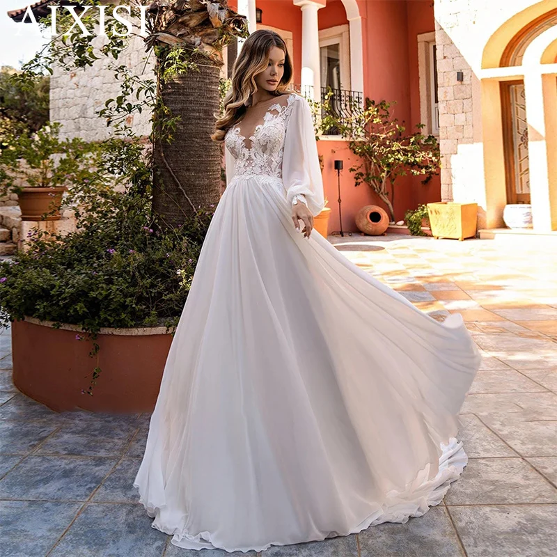 Jasmine Wedding Dress Robe De Mariee V-neck Full Puffy Sleeve A-Line Bride Vestido Appliques Lacee Chiffon