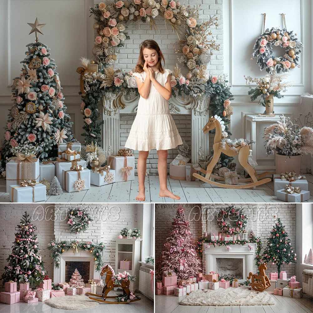 Christmas Photography Backdrop White Brick Wall Pink Christmas Tree Rocking Horse Gift Garland Background Photo Studio Photocall