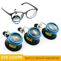 Lupa de reparación de relojes con Clip en gafas, lupa de ojo de aumento 5X 10X 20X, herramientas de reparación de apertura de relojero