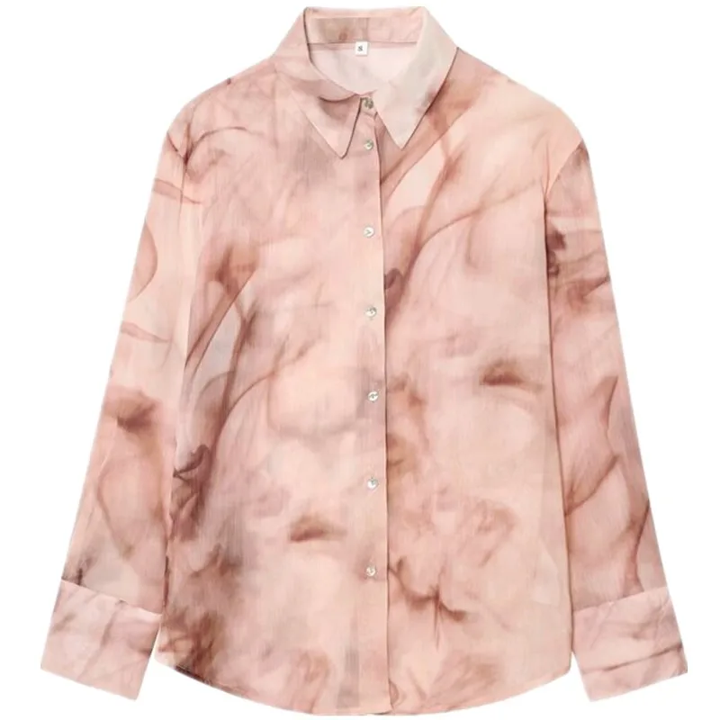 เสื้อผ้าผู้หญิงฤดูใบไม้ร่วง 2025 เสื้อแขนยาวผ้าเรยอนผสมใยไผ่พิมพ์ลายย้อมสี น้ำหนักเบา ทรงหลวม สไตล์ยุโรป เนื้อผ้าบางเบา สำหรับสาวๆ