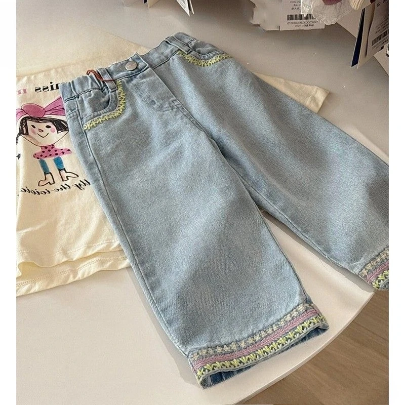 

Korean Version of Children's Clothing Girls' Pants Baby Spring Fashionable Wide-leg Pants Children's Light Blue Jeans