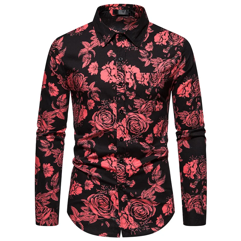 Camisas de vestir con estampado de flores rosas para hombre, camisa de manga larga de esmoquin delgada de marca, camisa informal de negocios con botones