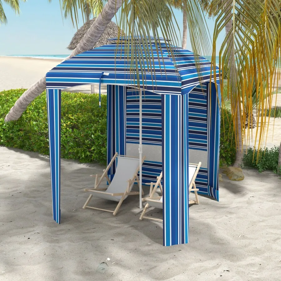 5.8' x 5.8' Portable Beach Umbrella with DoubleTop Ruffled Outdoor Cabana with Walls Vents Sandbags Carry Bag Blue Stripe