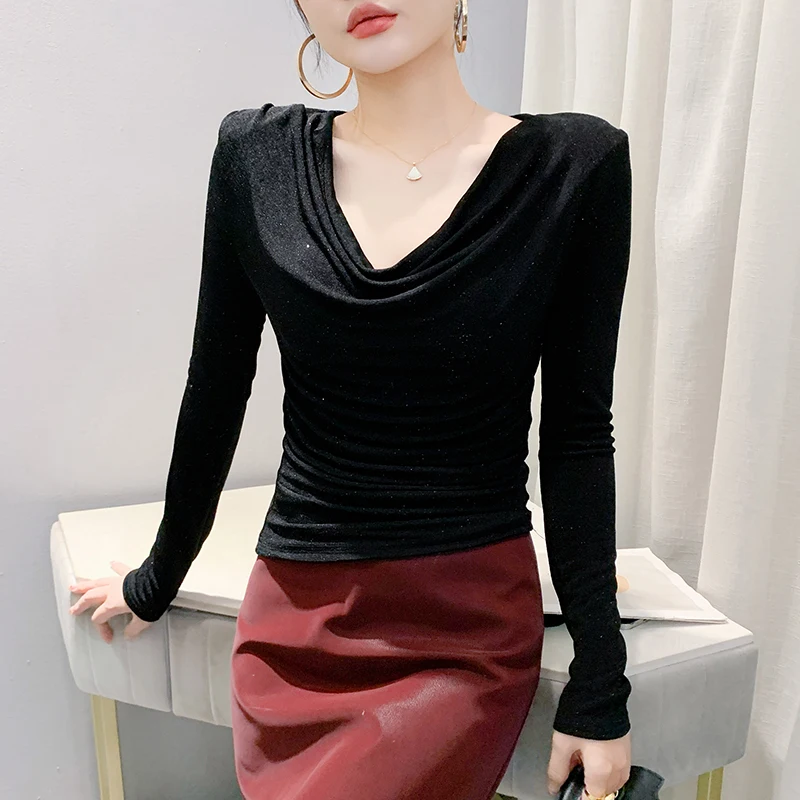 Black Korean Style Fall Winter T-Shirt Fashion Sexy Heaps Collar Draped Shiny Women Tops Long Sleeve Casual Tees 2024 New 492910