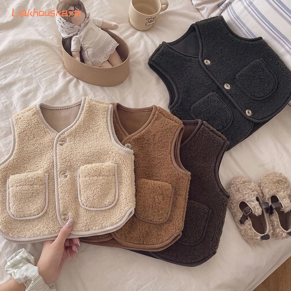 Kids Plush Vest Autumn Winter Boys Girls Loose Outerwear Waistcoat Fluffy Sleeveless Jacket All Match Layered Gilet Baby Clothes