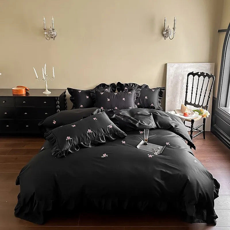 Black Premium Elegant Floral Embroidery Bedding set Chic Ruffles 1000TC Egyptian Cotton Soft Duvet Cover Bed Sheet Pillowcases