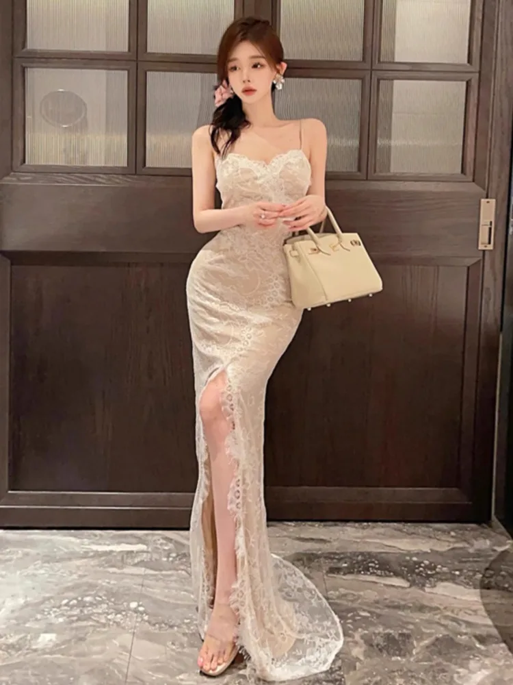 Topanoma Wedding Party Evening Dresses Women Sexy Sleeveless Split Lace V Neck Banquet Cocktail Dress Birthday Backless Elegant